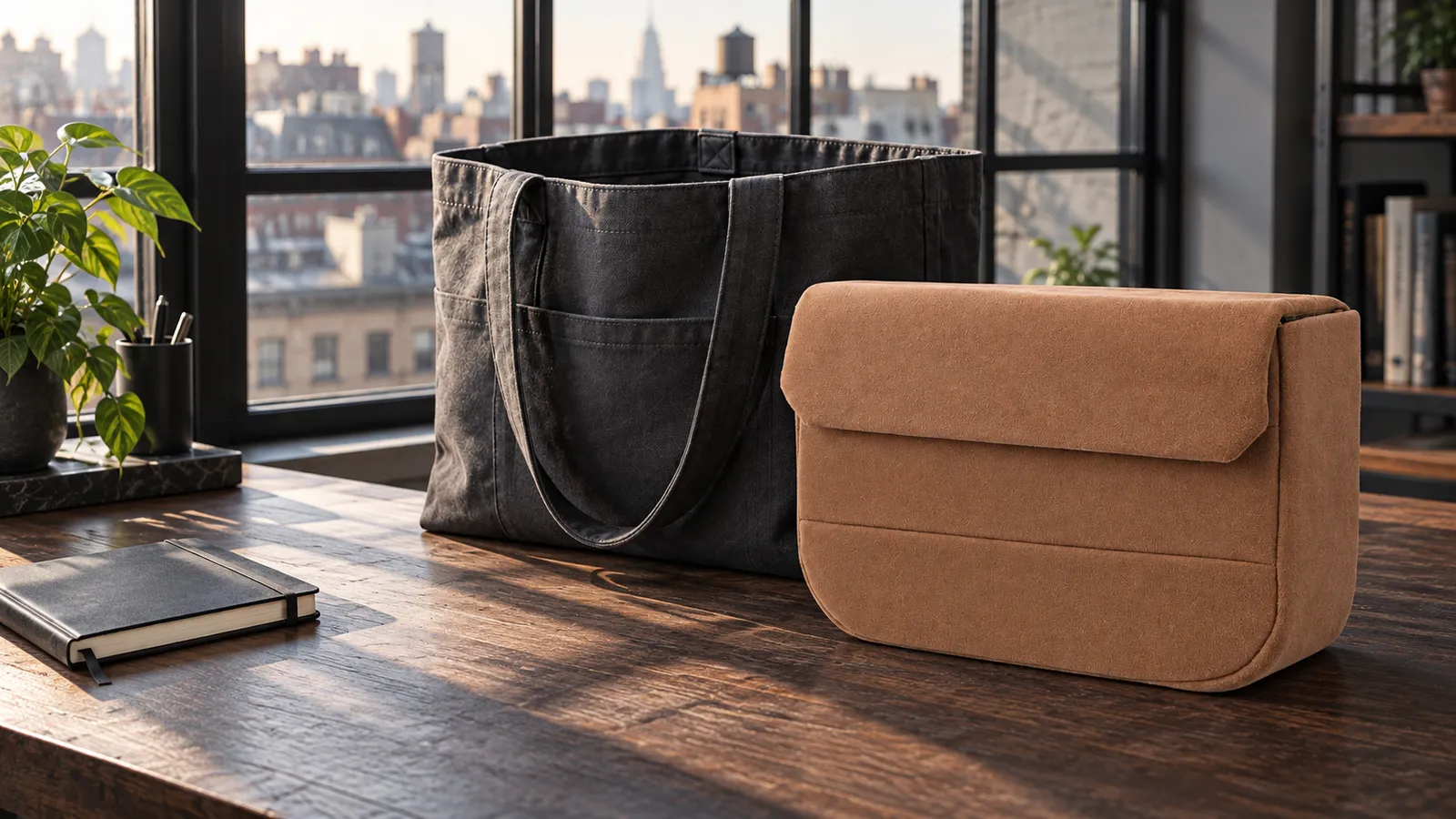 Brown Everyday Camera Insert on a dark wooden table beside a window; canvas tote and notebook are styling props, not included