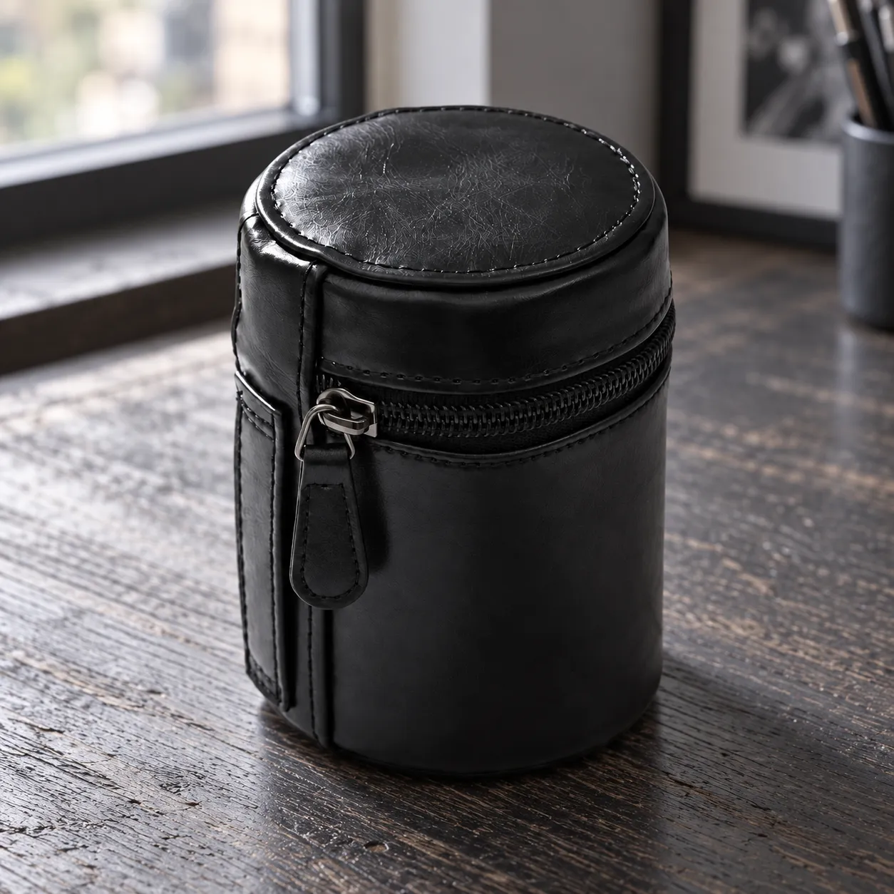 Black compact PU lens case closed